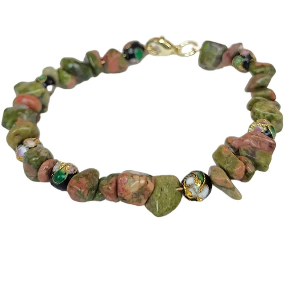 14K Gold Unakite Handpainted Cloisonne Bracelet - Picture 3 of 3